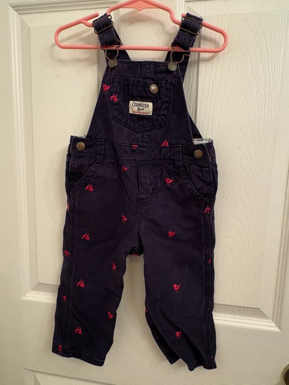 OshKosh B'gosh Blue Overalls Pink Bird Embroidered Snap Leg size 18 months